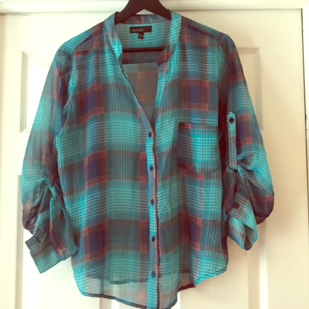 Weavers plaid teal and coral sheer button up